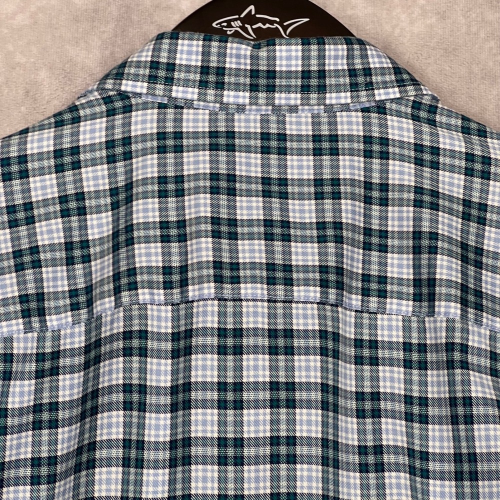 Johnston & Murphy Button Down Shirt Mens Large Teal Blue Plaid Flip Cuff L/S - Picture 11 of 12